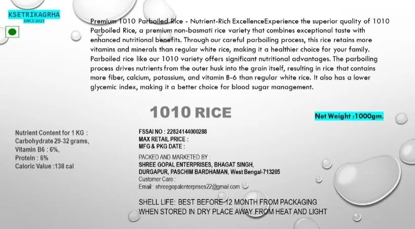 1010 Rice product label showing premium long grain MTU-1010 rice specifications and nutritional information