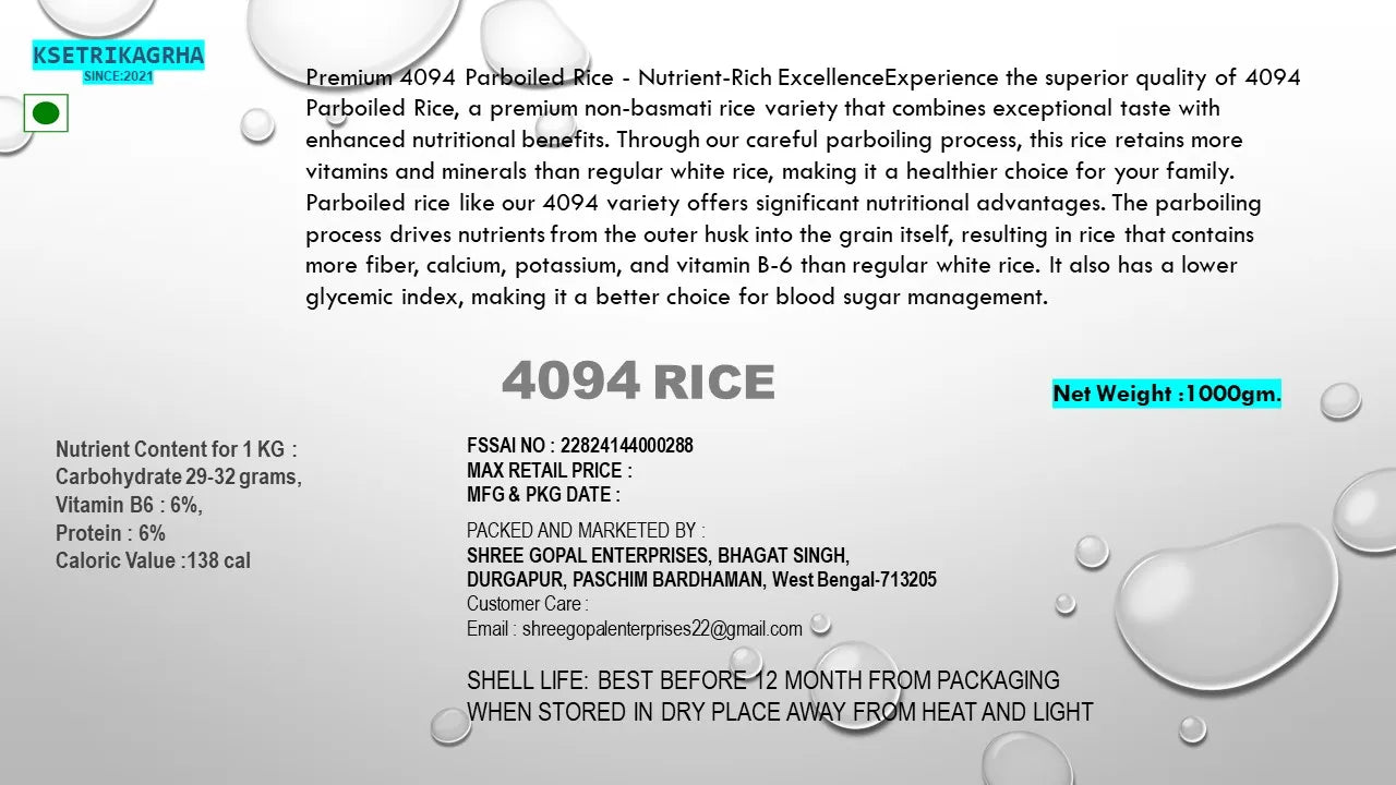 4094 Rice product label showing premium parboiled rice specifications with B vitamins and nutritional benefits