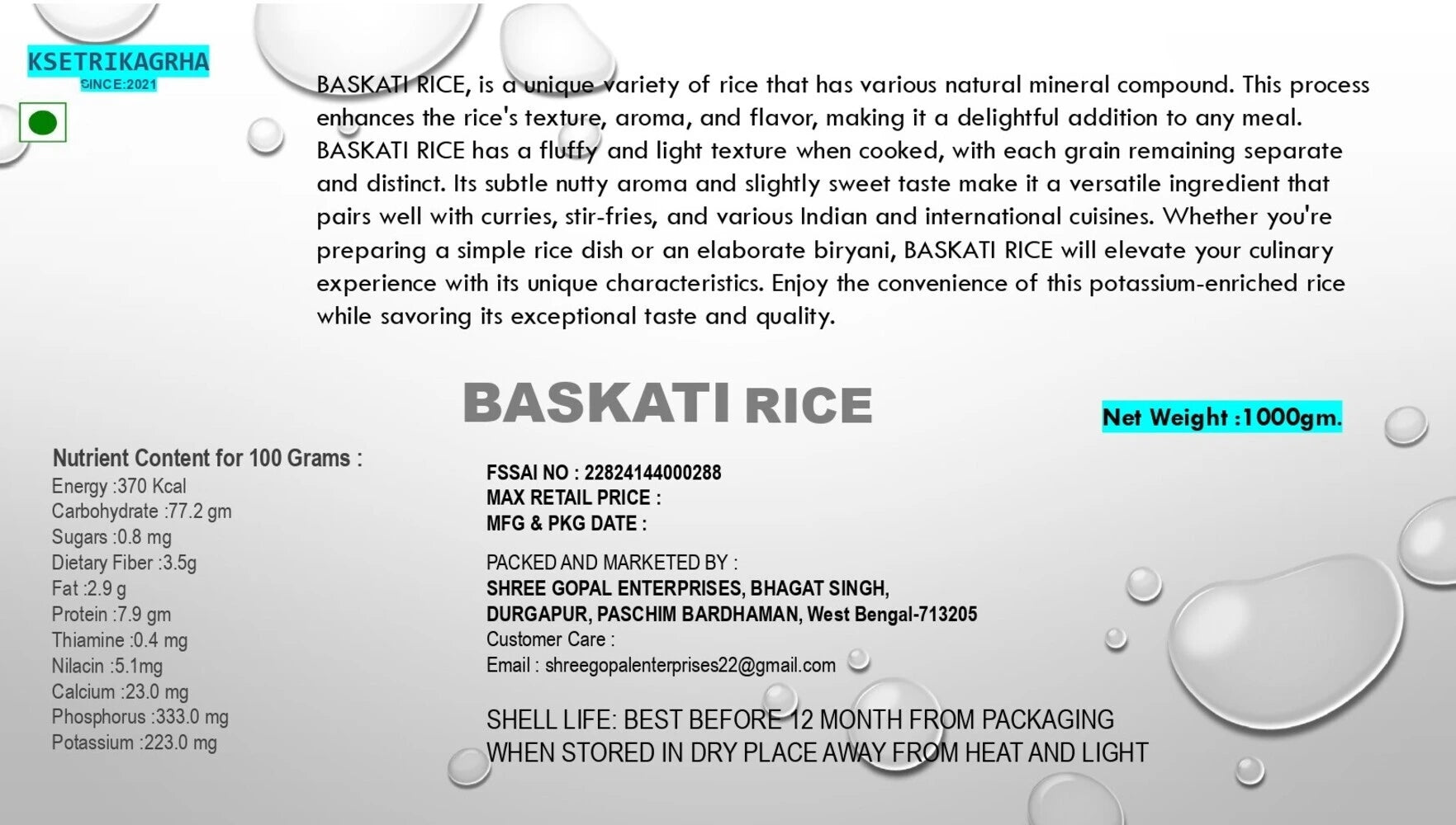 Baskati Rice product label showing nutritional information