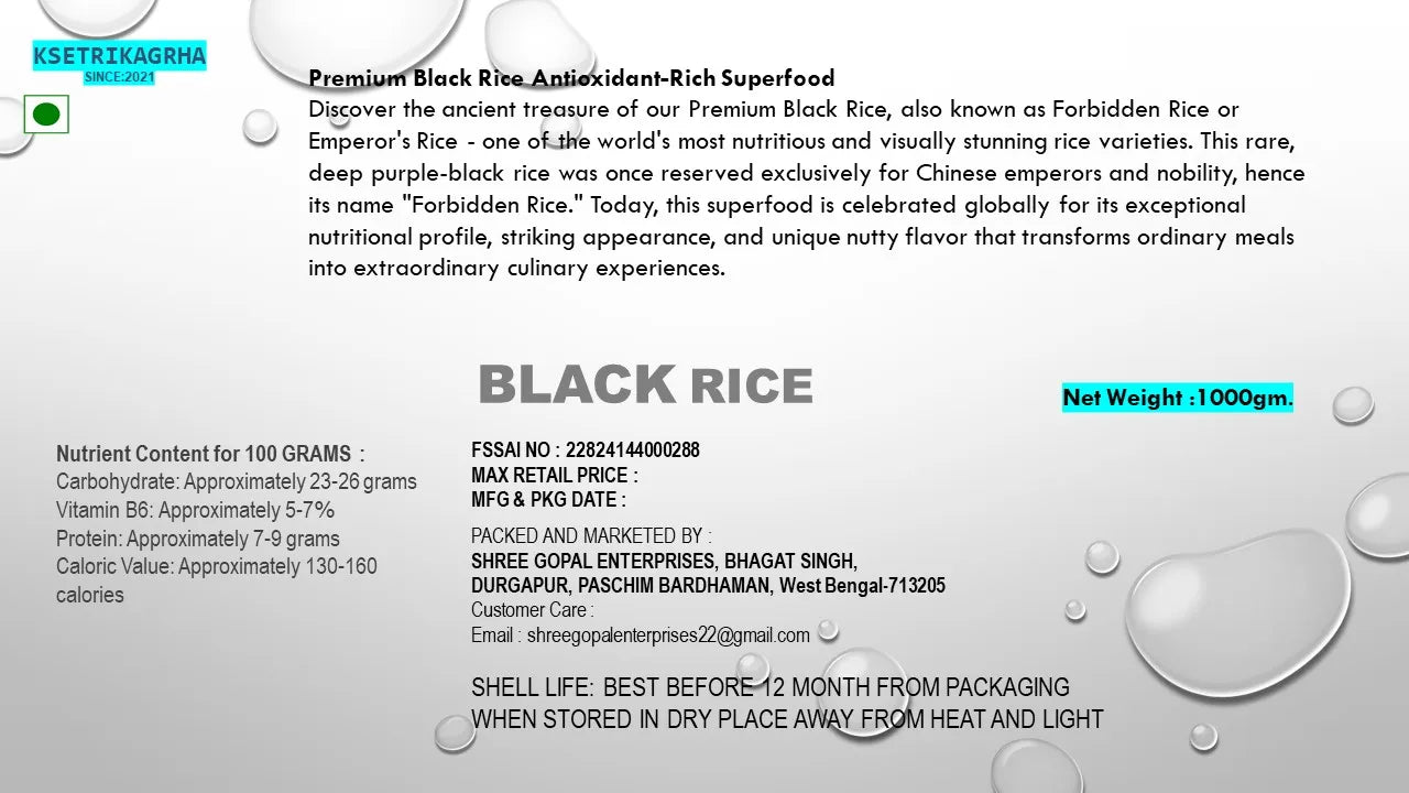 Black Rice product label showing premium whole grain forbidden rice nutritional benefits and specifications