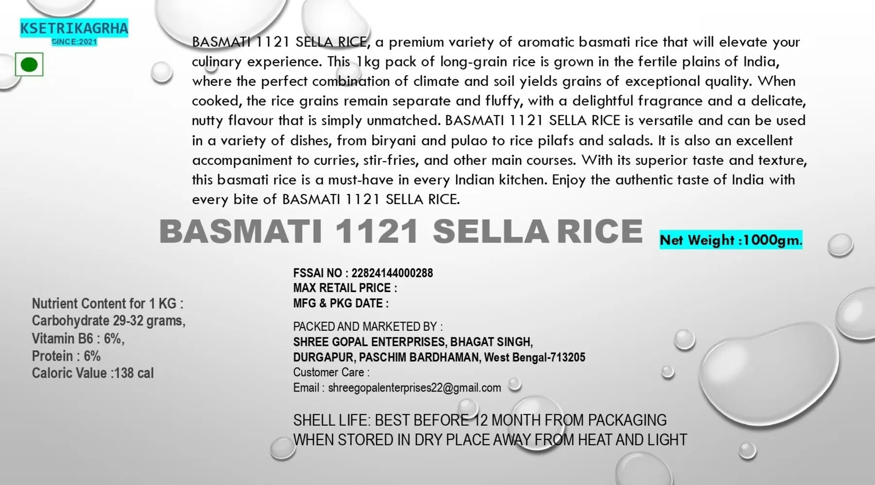 Basmati 1121 Sella Rice product label showing premium parboiled extra-long grain rice with nutritional benefits and specifications