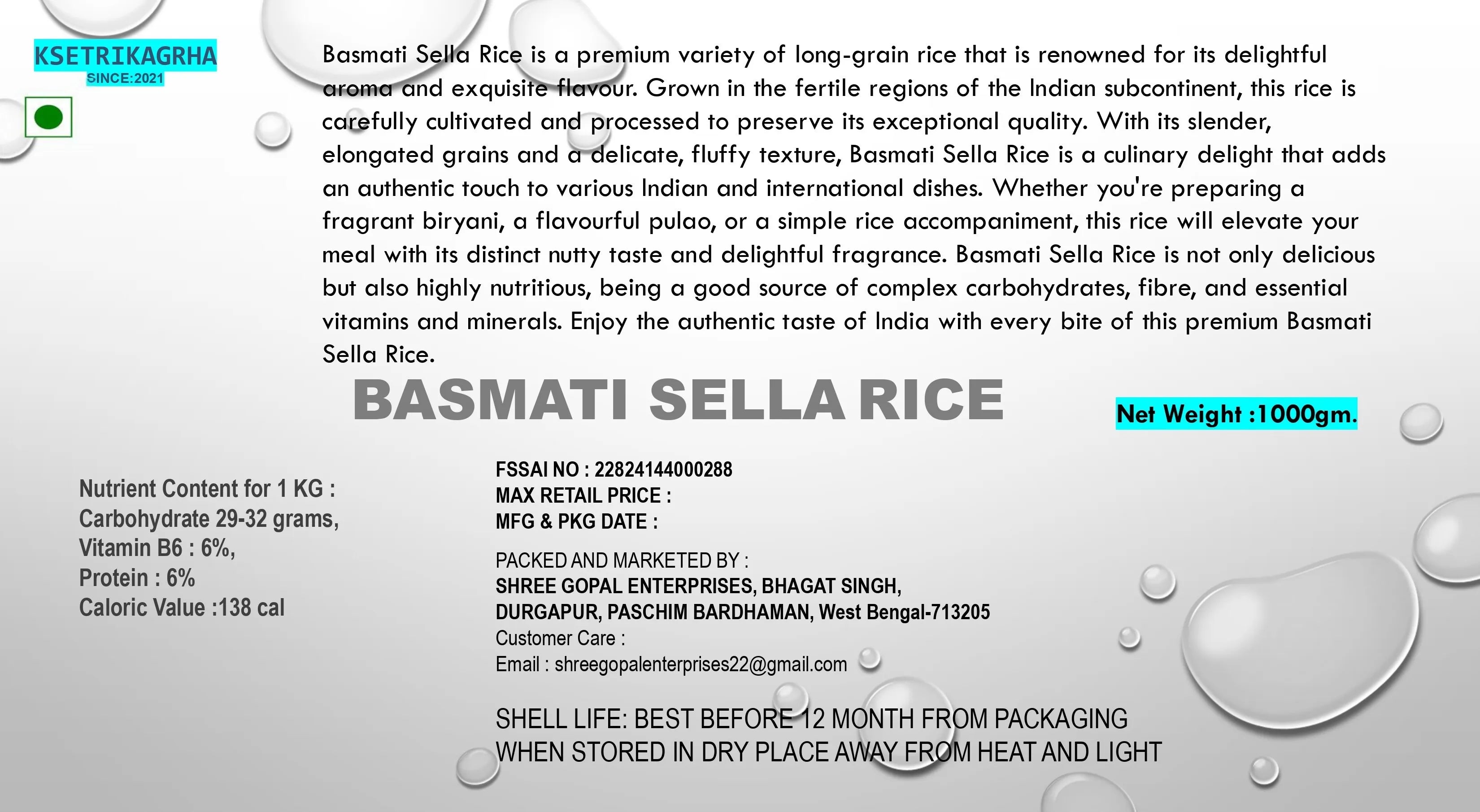 Basmati Sella Rice product label showing premium parboiled rice with nutritional benefits and specifications