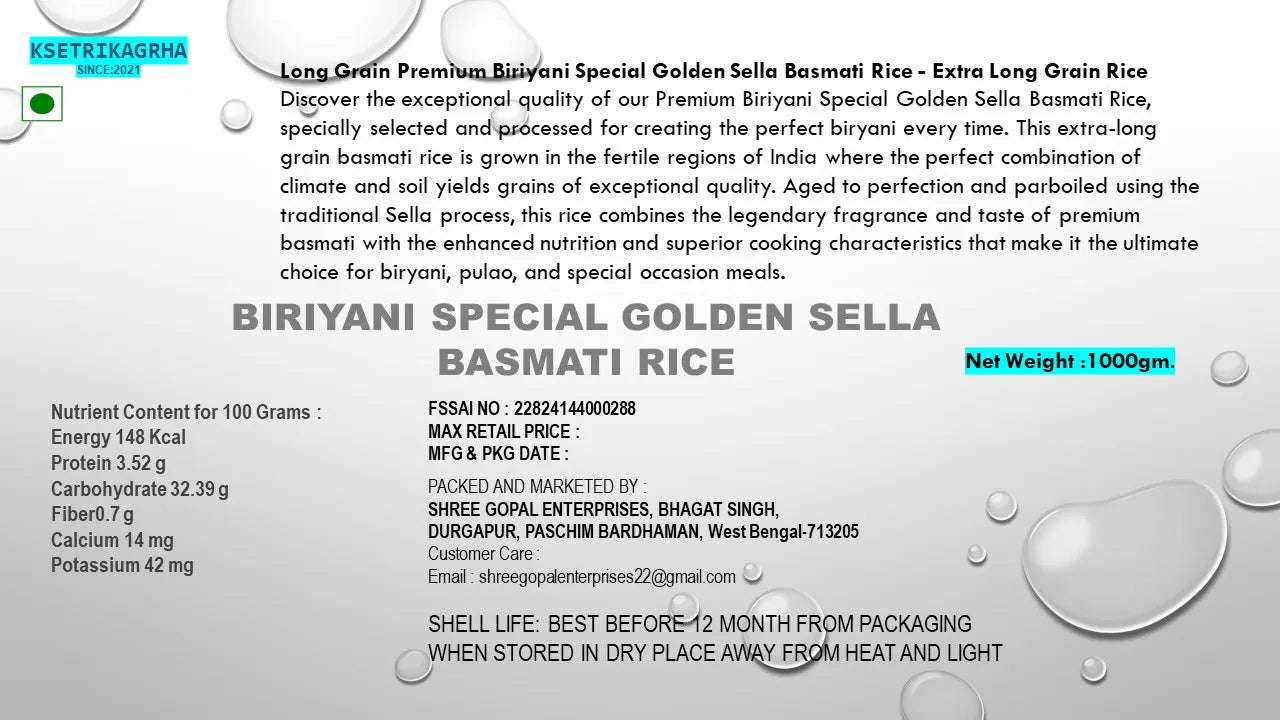 Biryani Special Basmati Rice product label showing premium golden sella extra-long grain rice with nutritional benefits and specifications